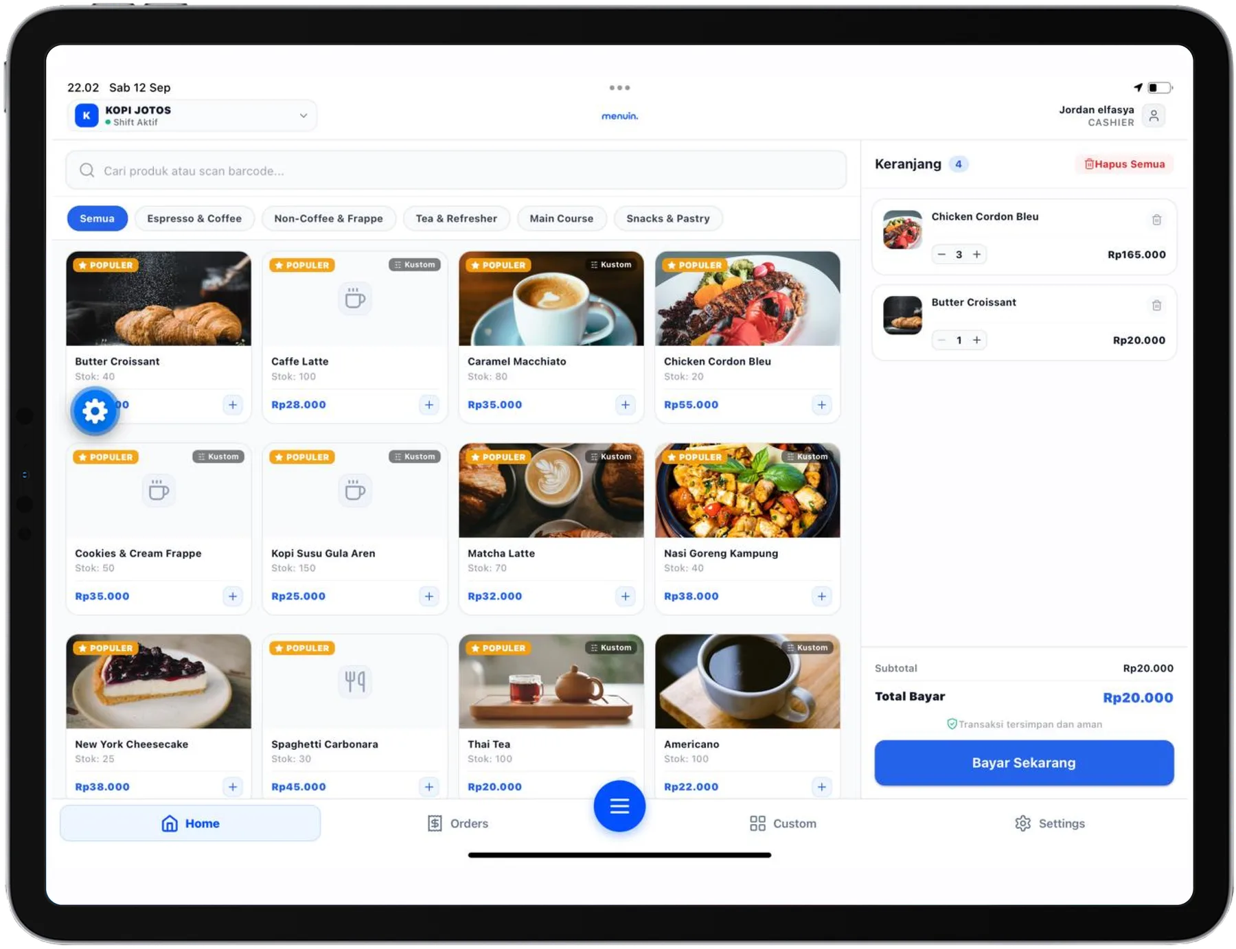 Kasir POS Menuin di layar tablet